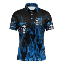 Load image into Gallery viewer, Blue Flame Skull Mens golf polo shirts custom skull fire golf apparel for mens NQS9516