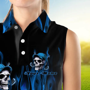 Blue Flame Skull Women sleeveless polo shirt custom skull fire golf apparel for ladies NQS9516