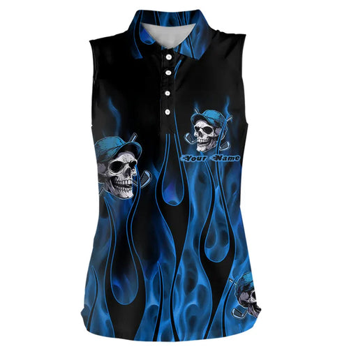 Blue Flame Skull Women sleeveless polo shirt custom skull fire golf apparel for ladies NQS9516