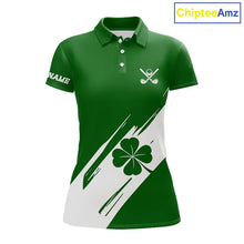 Load image into Gallery viewer, Womens golf polo shirts White and Green Shamrock custom St Patrick's Day team golf shirts for ladies NQS11639