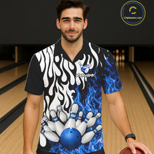 Load image into Gallery viewer, Black, White and Blue Flame Bowling Hawaiian Jersey Custom Bowling Team Button-up Shirts NQS11739