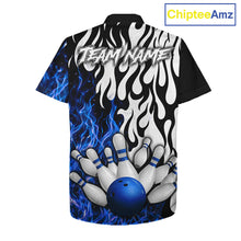 Load image into Gallery viewer, Black, White and Blue Flame Bowling Hawaiian Jersey Custom Bowling Team Button-up Shirts NQS11739