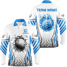 Load image into Gallery viewer, Blue flame golf ball wall break white Mens golf polo shirt custom golf attire for men NQS7824