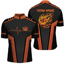 Load image into Gallery viewer, Black and orange Flame Bowling shirts for men custom Bowling Ball Pins heartbeat team bowling shirts NQS7827