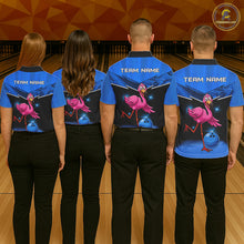 Load image into Gallery viewer, Funny Pink Flamingo Bowling Polo, 1/4 zip shirts for Women Custom Flamingo Team bowling outfit | Blue NQS11653
