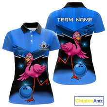 Load image into Gallery viewer, Funny Pink Flamingo Bowling Polo, 1/4 zip shirts for Women Custom Flamingo Team bowling outfit | Blue NQS11653
