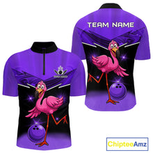 Load image into Gallery viewer, Funny Pink Flamingo Bowling Polo, 1/4 zip shirts for Men Custom Flamingo Team bowling outfit | Purple NQS11655