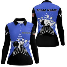 Load image into Gallery viewer, Blue and Black retro bowling ball pins star custom Women's bowling Polo, Quarter Zip shirt team jersey NQS7830