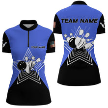 Load image into Gallery viewer, Blue and Black retro bowling ball pins star custom Women's bowling Polo, Quarter Zip shirt team jersey NQS7830