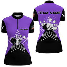 Load image into Gallery viewer, Purple &amp; Black retro bowling ball pins star custom Women's bowling Polo, Quarter Zip shirt team jersey NQS7831