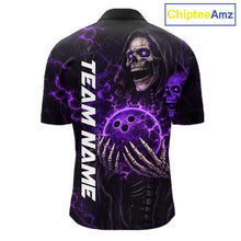 Load image into Gallery viewer, Personalized Skull Bowling Shirt For Men Custom Team's Name Black and Purple Flame Bowler Jerseys NQS11659