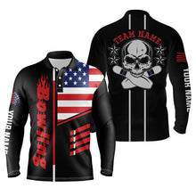 Load image into Gallery viewer, Black personalized bowling shirt for bowling – custom name design side view