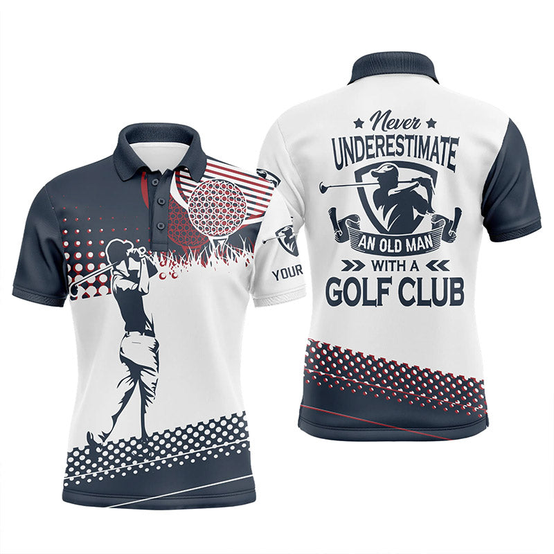 Blue and white Mens golf polo shirts custom name Never underestimate an old man with a golf club NQS5752