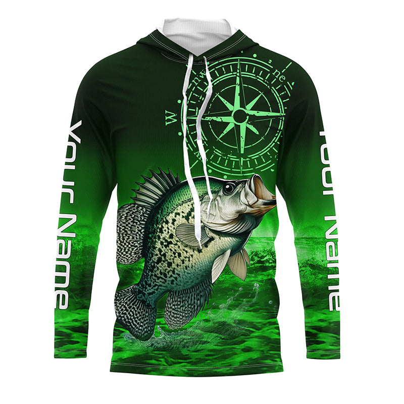 Personalized Crappie Green Long Sleeve Performance Fishing Shirts, Crappie compass tournament Shirts NQS5950