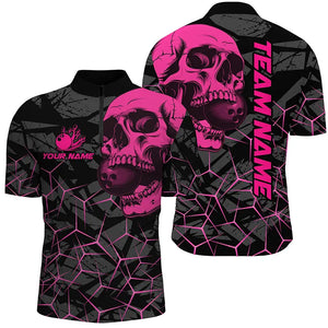 Black Skull camo bowling shirt for men custom bowling team jerseys, gifts for bowlers | Pink NQS8277