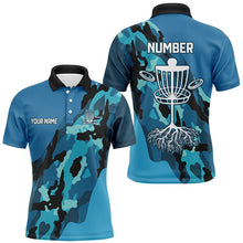 Load image into Gallery viewer, Blue Camo Mens golf polo shirts custom name and number disc golf team jerseys, disc golf shirts NQS8491