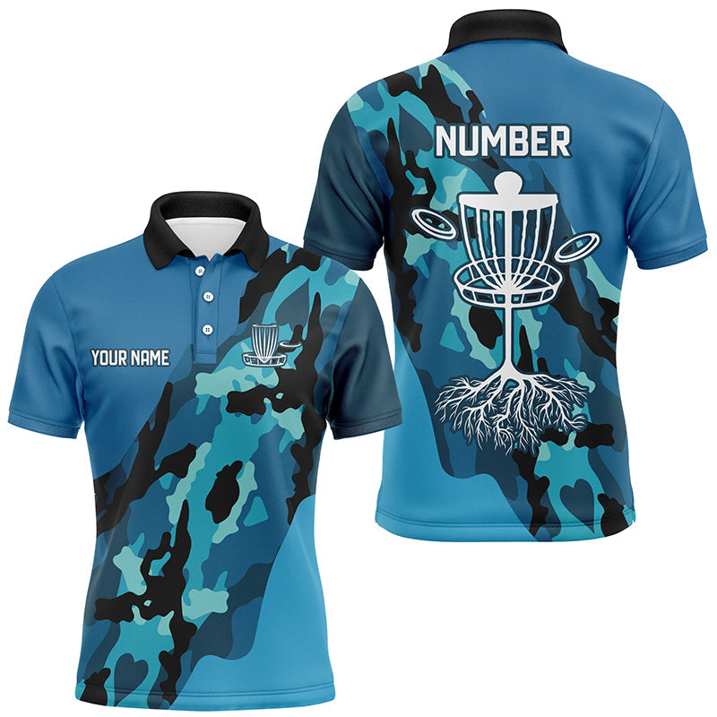 Blue Camo Mens golf polo shirts custom name and number disc golf team jerseys, disc golf shirts NQS8491