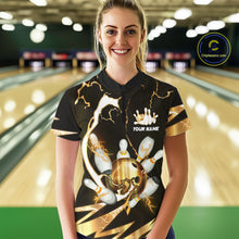 Load image into Gallery viewer, Gold Thunder Lightning bowling ball and pins jersey Custom Team Bowling Polo, 1/4 Zip Shirt For Women NQS11282