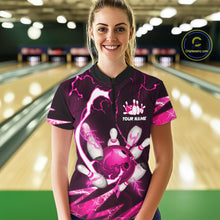 Load image into Gallery viewer, Pink Thunder Lightning bowling ball and pins jersey Custom Team Bowling Polo, 1/4 Zip Shirt For Women NQS11283