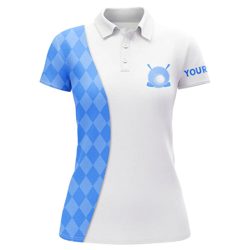 White Womens golf polo shirts custom blue argyle plaid pattern golf tops, ladies golf tops NQS7644
