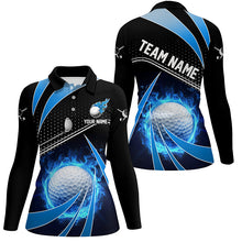 Load image into Gallery viewer, Black and Blue Fire golf ball custom Women golf polo shirts, personalized ladies golf outfits for team NQS8302
