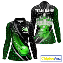 Load image into Gallery viewer, Black and Green Shamrock pattern Bowling Shirts for Women Custom St Patrick Team Bowling jerseys NQS11513
