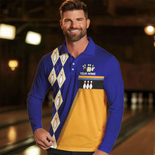 Load image into Gallery viewer, Blue &amp; Yellow Retro Bowling Polo, Quarter Zip shirt for Men Custom vintage team bowling jersey NQS9583