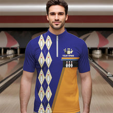 Load image into Gallery viewer, Blue &amp; Yellow Retro Bowling Polo, Quarter Zip shirt for Men Custom vintage team bowling jersey NQS9583