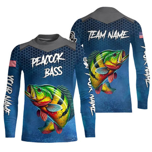 Blue camo Peacock Bass fishing Custom performance long sleeve team Bass fishing tournament shirts NQS9240