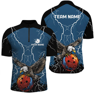 Men's bowling Polo, Quarter Zip shirts Custom Eagle bowling lightning storm team league jerseys | Blue NQS7893
