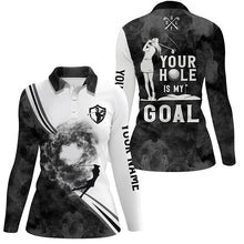 Load image into Gallery viewer, Your hole is my goal custom black and white smoke Womens golf polo shirts ladies golf apparel NQS6007