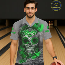 Load image into Gallery viewer, Green Sugar Skull Tattoo Custom Bowling Hawaiian Shirt, Team Bowling button up shirt NQS11529