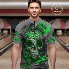 Load image into Gallery viewer, Green Sugar Skull Tattoo Custom Mens Bowling Polo, Quarter Zip Shirts,Team Bowling Jerseys NQS11529