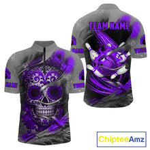 Load image into Gallery viewer, Purple Sugar Skull Tattoo Custom Mens Bowling Polo, Quarter Zip Shirts,Team Bowling Jerseys NQS11530