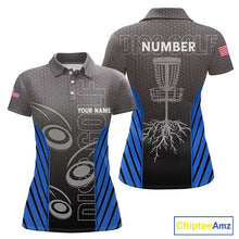 Load image into Gallery viewer, Women's disc golf polo shirt custom name, number camo disc golf jersey for ladies | Blue NQS11123
