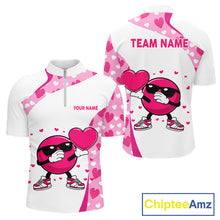 Load image into Gallery viewer, Personalized funny bowling ball pink heart pattern white Mens bowling shirts, Valentine bowling gifts NQS11325