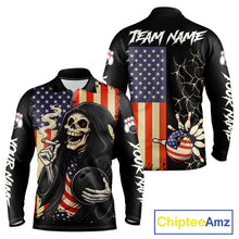 Load image into Gallery viewer, Custom American Flag Skull Bowling shirts For Men, patriotic team Bowling jerseys gift for bowlers NQS11538