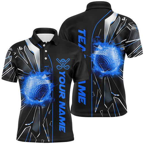 Black and Blue fire golf ball broken glass custom Mens golf polo shirts, golf gifts for men NQS7676