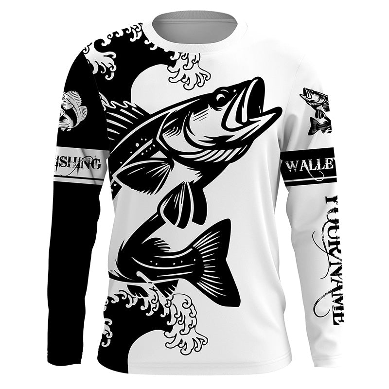 Personalized Walleye fishing tattoo jerseys, Walleye Long Sleeve Fishing tournament shirts | Black NQS3824
