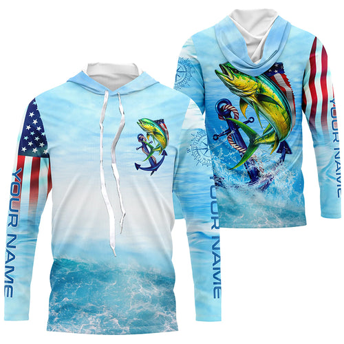 Mahi mahi fishing blue water anchor compass American flag custom patriotic long sleeve Fishing jerseys NQS6902