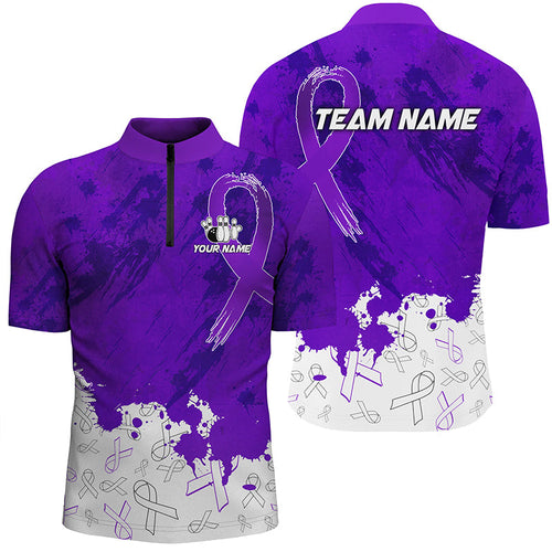 Personalized Purple Ribbons Pattern Bowling Shirts For Men, Custom breast cancer bowling shirts NQS8348