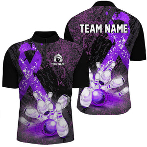 Personalized Purple Ribbons Grunge Bowling Shirts For Men, Custom breast cancer bowling Team shirts NQS8353