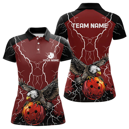 Women bowling Polo, Quarter Zip shirts Custom Eagle bowling lightning storm team league jerseys | Red NQS9781