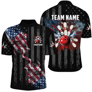 Black American flag smoke Bowling Polo, Quarter Zip shirt For Men Custom Patriotic Team Bowling Jersey NQS7689