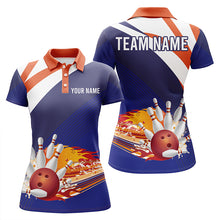 Load image into Gallery viewer, Custom Blue orange bowling shirt for women – personalized team jersey front view