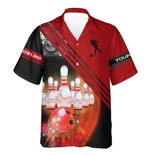 Custom hawaiian bowling shirts bowling ball and pins team shirt, button up bowling shirts | Red NQS4452