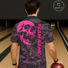 Load image into Gallery viewer, Black Skull camo pink ribbon pattern breast cancer bowling Hawaiian Shirt custom bowling team jersey NQS11549