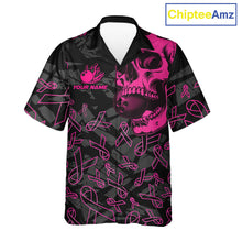 Load image into Gallery viewer, Black Skull camo pink ribbon pattern breast cancer bowling Hawaiian Shirt custom bowling team jersey NQS11549