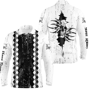 Mens golf polo shirts custom black and white grunge argyle pattern skull golf outfits for men NQS7698