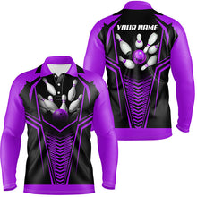 Load image into Gallery viewer, Men Bowling Polo, Quarter Zip Shirts custom Purple and black Bowling Ball and Pins bowling jerseys NQS8136